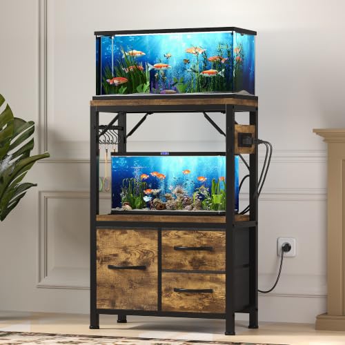 Heybly 5-10Gal Fish Tank Stand with Drawer, Power Outlet,200lbs HAS002SSR-1 | Aquarium Stand,Heavy Duty Metal Frame for Fish Tank, Turtle & Reptile Terrarium, 20.5" × 10.2" Top, Rustic Brown - color: Rustic Brown, size: 5-10 gal