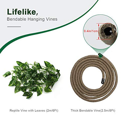 Coolrunner 8FT Reptile Vines and Flexible Reptile Leaves | with Suction Cups Jungle Climber Long Vines Habitat Decor for Climbing, Chameleon, Lizards, Gecko