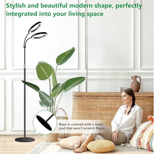 Aumtrly 2 Head Grow Light Full Spectrum, Black, with 68" Adjustable Stand | 6/12/16H Timer, 5 Dimming Level, 168 LED Halo Design, Flexible Gooseneck, Metal Base, Floor Growing Lamp for Large Tall Plant - size: 2 head 68inch/black