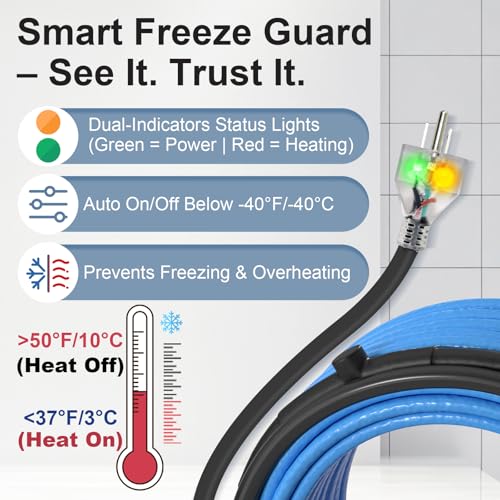 MAXKOSKO 9ft Dual Lights Self Regulating Heat Tape for Water Pipes 5W/ft | Heat Trace Cable with Thermostat, Heating Cable Freeze Protection for Metal & Plastic Pipes,Keeps Water Flowing at -40°F,120V - color: 9-feet