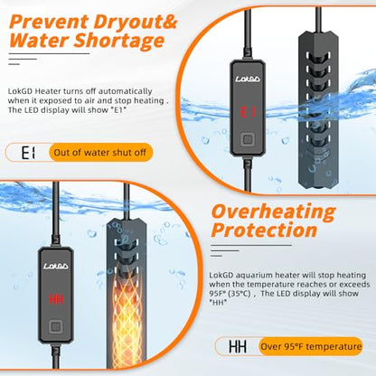 Upgraded 50W Intelligent Aquarium Heater,59°F-93°F Submersible Fish Tank Heater with Intelligent Digital Display Controller and Auto Power Off for 5-10 Gallon Freshwater Saltwater Fish Tanks - size: 5-10 Gallon 50W