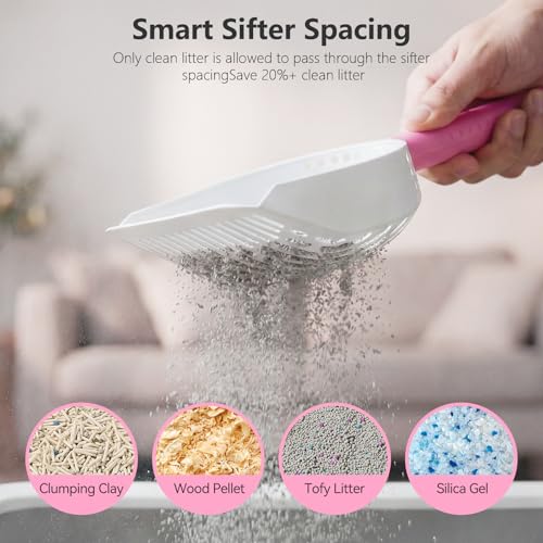Cat Litter Scoop with Holder, 3 in 1 Metal Kitty Scooper | Heavy Duty Deep Litter Sifter with Dustpan & Mini Broom, Dual Coarse & Fine Grid, Quick Sift, Universal for All Cat Litter - color: Pink, size: Large
