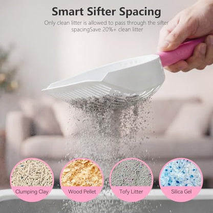 Cat Litter Scoop with Holder, 3 in 1 Metal Kitty Scooper | Heavy Duty Deep Litter Sifter with Dustpan & Mini Broom, Dual Coarse & Fine Grid, Quick Sift, Universal for All Cat Litter - color: Pink, size: Large