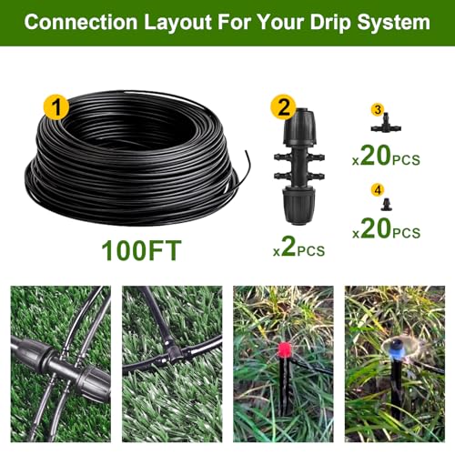 100FT 1/4 Inch Drip Irrigation Tubing, Distribution Hose Tube Kit Includes 2pcs 6-Way Connectors & 20pcs 1/4" Tee Splitters and End Plugs for Garden DIY Water-Saving Drip Irrigation System - color: Black-100FT