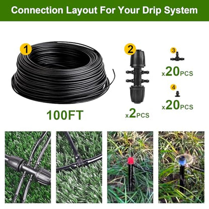 100FT 1/4 Inch Drip Irrigation Tubing, Distribution Hose Tube Kit Includes 2pcs 6-Way Connectors & 20pcs 1/4" Tee Splitters and End Plugs for Garden DIY Water-Saving Drip Irrigation System - color: Black-100FT