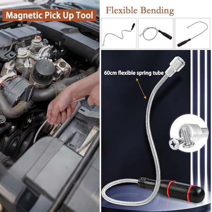 Telescoping Magnetic Pickup Tool Set, Telescopic Inspection Mirror | Flexible Bendable Spring Magnet Stick, LED Flashlight Pickup Rod, Cool Gadgets for Men
