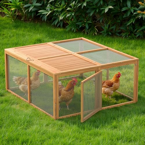 Chicken Coop Run Rabbit Cage No Assembly Portable Chicken Run Bunny House with Top & Side Opening Doors,Outdoor Small Animal Playpen Wooden Chicken Brooder Box Guinea Pig Cage 45"x 42"x 20" - color: Wood