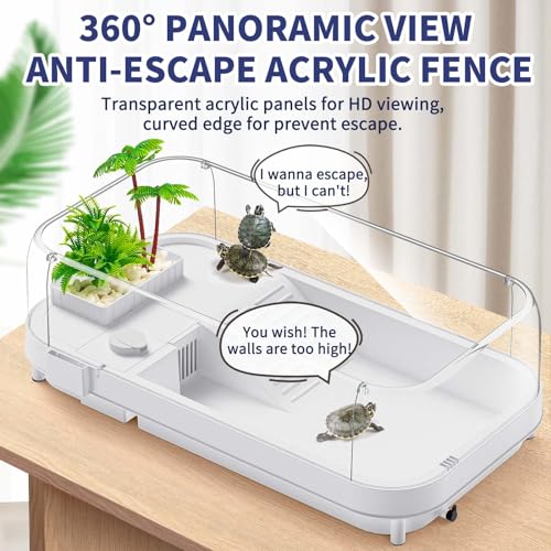 Moonorange Large Turtle Tank with Water Pump, Acrylic Turtle Tank Starter Kit with Heightened and Curved Fences, Multi-Function Areas, Bottom Drainage - color: White (Large Tank)