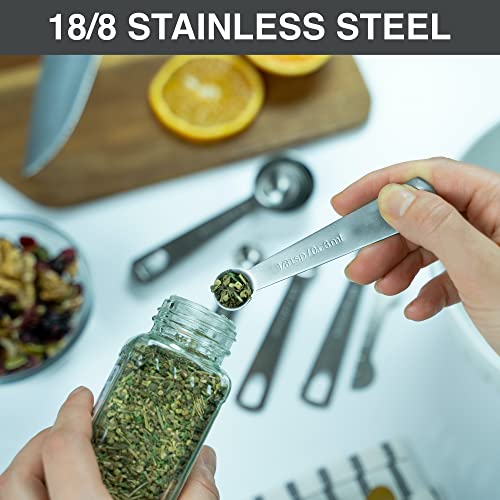 BALCI Stainless Steel Measuring Spoons - Set of 6 + Leveler | Heavy duty 18/8 stainless steel measuring spoon set with US & metric measurements for dry and liquid ingredients. - size: 6 Spoons and Leveler