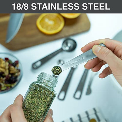 BALCI Stainless Steel Measuring Spoons - Set of 6 + Leveler | Heavy duty 18/8 stainless steel measuring spoon set with US & metric measurements for dry and liquid ingredients. - size: 6 Spoons and Leveler