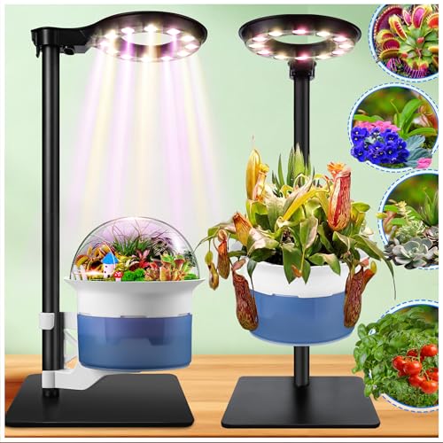 Large Plant Venus Fly Trap Terrarium Pot with Grow Light,Timer&Metal Stand | Self Watering Planter Pot for African Violet,Venus Fly Trap,Carnivorous Plants, Herbs,Flowers,Christmas Gift for Garden Lover