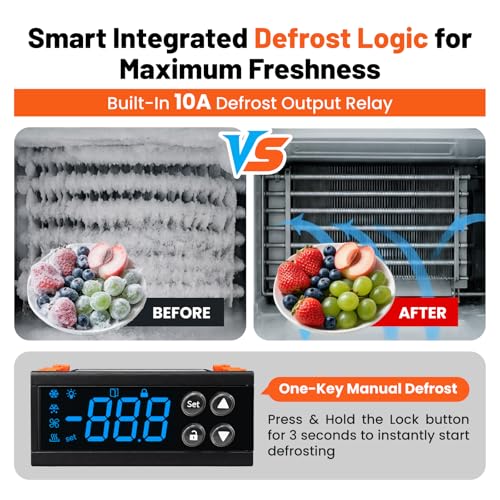 12V DC Digital Refrigeration Thermostat with Automatic Defrost | 30A Cooling Controller with Built-in 10A Defrost Relay for Beverage Cooler, Freezer, Refrigeration Equipment