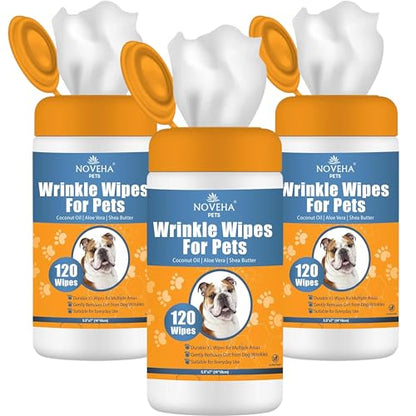 NOVEHA 5”x7” Large Dog Wipes | Wipes for Bulldog, French Bulldog, Pug, English Bulldog | Deodorizing, for Multiple Areas Removes Dirt, Wrinkles, Folds, Tear Stain, Tail Pocket & Paws (3PK-120 Counts) - size: 360 Wrinkle Wipes
