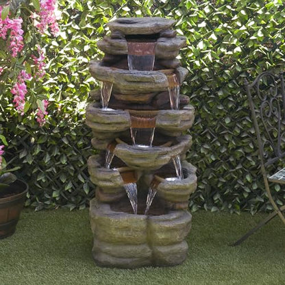 Alpine Corporation TZL352 Outdoor Floor Stone Tower Fountain with LED Lights, Multi-Level Garden Water Fountain, 47"H, Gray - style: 47" H - Multi-Level Cool White LEDs