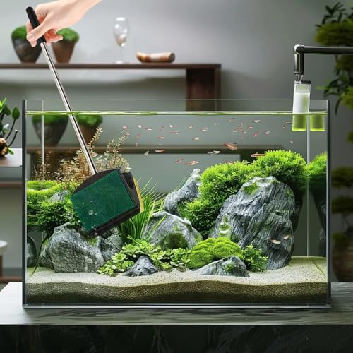 MiOYOOW Fish Tank Algae Scraper, Double Sided Aquarium Cleaning Tool with Long Handle, Reusable Water Tank Scrubber for Glass Acrylic Plastic Tanks - color: 38*7.5cm/14.96*2.95"