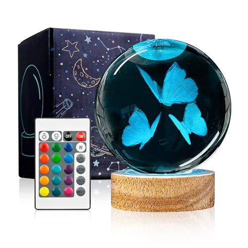 3D Butterfly Crystal Ball Night Light with Woodern Base, 3.15" Butterfly Figurine Glass Lamp with 16 Colors Cute Desk Decor for Home Butterfly Gifts for Women Kids Friends - color: Butterfly 2