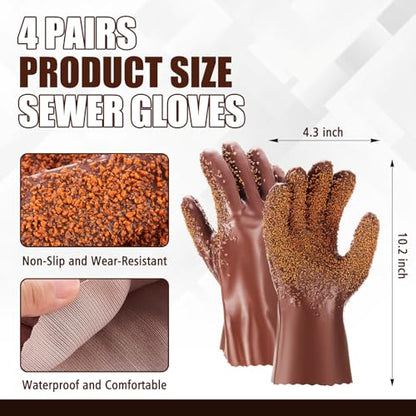 Teenyyou 4 Pairs Sewer Snake Gloves Non Slip and Reusable PVC Sewer Abrasion Resistant Drain Cleaning Waterproof Safety Plumbing Snake Gloves for Men Women Plumber Tools(Brown, Regular) - color: Brown, size: Standard