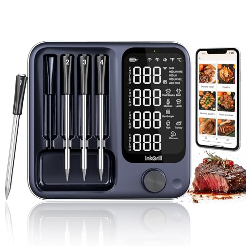 4-Probes Smart Wireless Meat Thermometer with WiFi & Bluetooth, Digital Meat Thermometer for Smoker, Oven & BBQ, Rechargeable Magnetic Base, Large Digital Backlit Screen