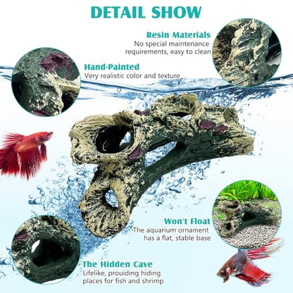 Tfwadmx Decaying Trunk Aquarium Ornament, Betta Fish Hideout Caves - Small Resin Aquarium Decoration Log with Holes for 20 Gallon Fish Tank - size: Style 2 (3 PCS)