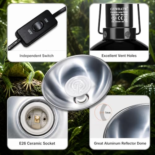 Happy Herps 8.5" Reptile Heat Lamp Fixture for Light/Heat Lamp/UVB Light | Independent switch, E26 ceramic socket, aluminum reflector, fully assembled, fits glass terrariums, 160W max - size: 8.5IN