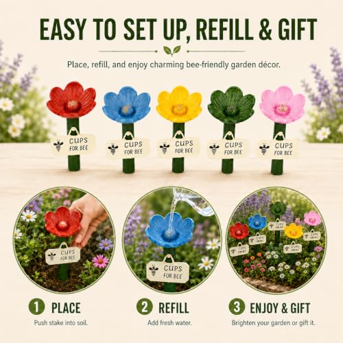 5 Set Bee Watering Station for Garden, Flower-Shaped Insect Drinking Cups with Stakes, Safe Water Feeder for Bees, Butterflies & Pollinators, Outdoor Yard Decor, Nature Lovers Gift