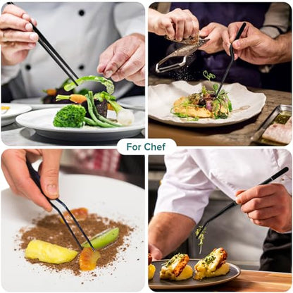 Kitchen Tweezer Tongs Set for Chef Food Plating, 6 Pcs, 8", Black | Stainless Steel, Small Chef Food Culinary Bar Thin Skinny Tweezers Tongs, Cooking Tweezers Set, For Baking Decorating Feeding - size: 8 inches