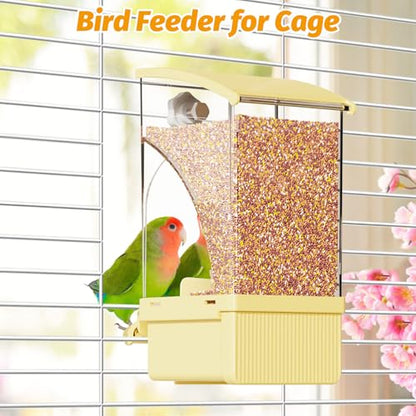 BNOSDM No Mess Bird Feeder Transparent Automatic Bird Cage Feeder with Perch Acrylic Parrot Food Container Parakeet Cage Accessories for Parakeets, Budgies, Cockatiel, Finch, Canary, Lovebird (Yellow) - color: Yellow
