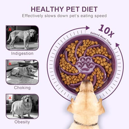 Ceramic Slow Feeder Dog Bowl, 3 Cup Dog Food or 25oz Water, Slow Eating Bowl for Middle Breed, Maze Puzzle Feeder for Fast Eaters, Anti-Choking Stop Bloat, Non-Slip BPA Free (Purple) - color: Purple