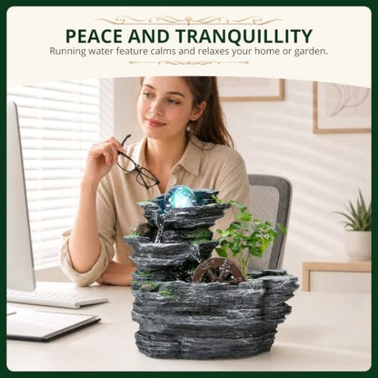 Tabletop Water Fountain, Resin Water Wheel, LED Light,Soothing Sound | Circulating water flow; indoor décor accent; planter space; easy on/off switch; calming desktop centerpiece,Ambient Light