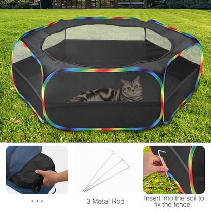 Pawaboo Small Animal Playpen with Zippered Cover, Black + Rainbow | Portable pop-up pet tent for supervised rabbits, guinea pigs, chicks and kittens; water-resistant bottom and 3 metal rods - color: Black + Rainbow