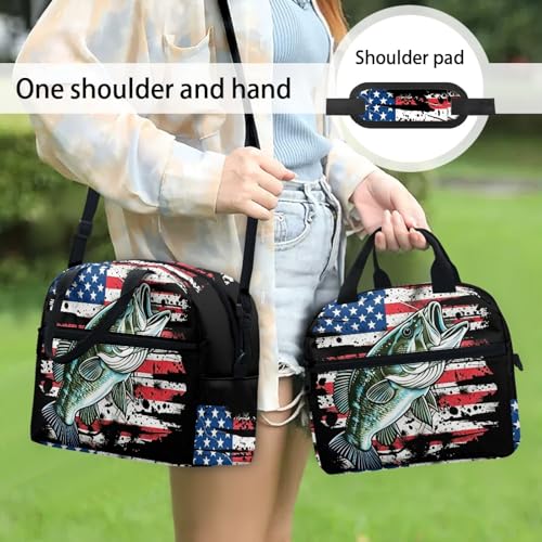 Kids Lunch Bag American Flag Fishing Print: Insulated Interior Fits Sandwich + Fruit + Water Bottle - Keeps Fresh - Ideal for Independence Day Picnic, Boat Trip & Fishing Adventure - color: American Flag Fishing Print