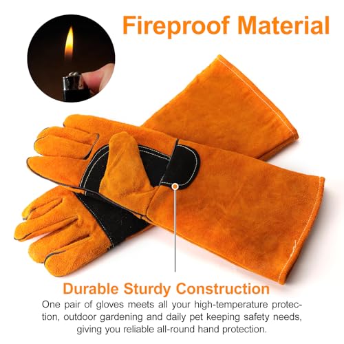 23.6Inches Heat Resistant Welding Gloves, Fire & Heat Proof Fireplace Gloves, Bite & Scratch Resistant, Heavy Duty Leather for Welding/BBQ/Wood Stove/Furnace/Oven/Forge/Animal Handling/Pet Care - size: 23.6 inches
