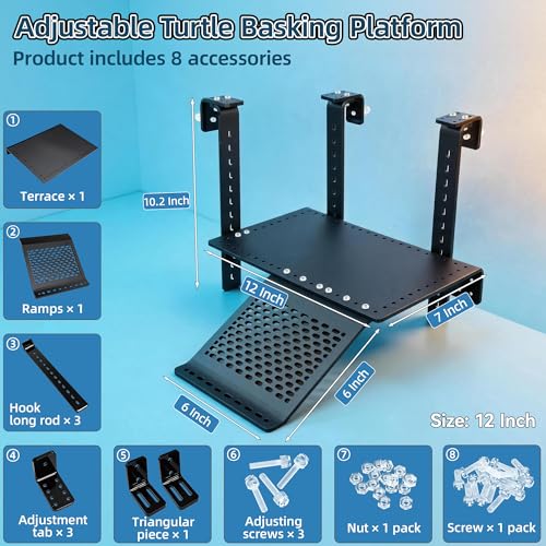 Adjustable Hanging Acrylic Turtle Basking Platform 12x7 for 0.3-2" Tanks | Black acrylic turtle dock with ramp fits 0.3"-2" thick aquarium rims. Acrylic basking platform for aquatic tanks. - size: 12'' x 7''