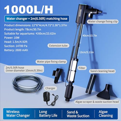 Cordless Gravel Vacuum Aquarium Cleaner for 5-10 Gallon,6-in-1 Automatic Fish Tank Cleaning Tools 2600mah Rechargeable Fish Tank Vacuum Small Tanks Change Water Wash Sand(10w) - size: For 5-10Gal