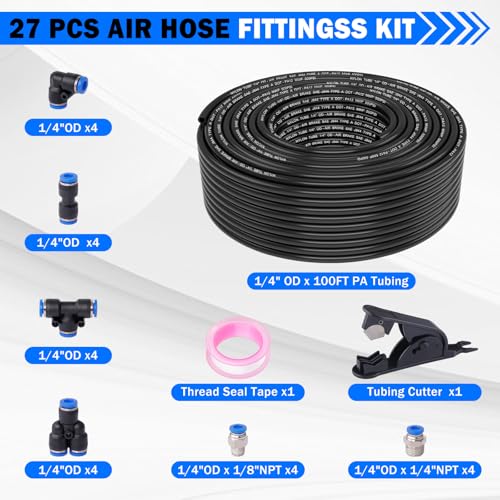 1/4" Air Line Tubing Kit,100 FT(30m)1/4 Inch DOT Air Line SAE j844 PA Nylon Air Hose Quick Connect Fittings with Cutter and Teflon Tape,1/4" Air Hose Kit for Pneumatic System Or Fluid Transfer(27 PCS) - size: 27PCS & 100FT 1/4" Air Line