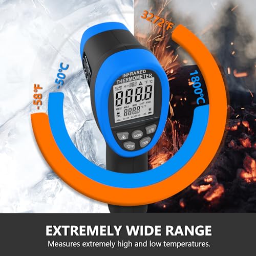 HOLDPEAK Pyrometer D:S=50:1, High Temp Infrared Thermometer -58℉~3272℉(-50℃~1800℃), Non-Contact Industrial Laser Thermometer Gun with Flashlight, Digital IR Temperature Gauge HP-1800 (NOT for Human) - color: 1PC-HP-1800-BLUE(-50~1800℃ Higher)