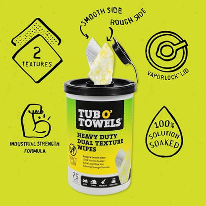 Tub O' Towels TW75 Heavy-Duty Multi-Surface Cleaning Wipes – Dual Texture 10" x 12" XL – Removes Grease, Tar, Oil, Paint, Ink & Tough Stains – Degreaser for Home, Garage, Auto & Workshop (Pack of 2) - size: 1 Count (Pack of 2)