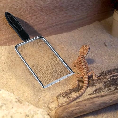 Stainless Steel Mesh Litter Shovel, Black Non-Slip Handle Sifter, Fine Mesh Metal Reptile Litter Cleaner Scooper, for Lizard Substrate Reptile Terrarium Sand Waste, 2.8mm Mesh