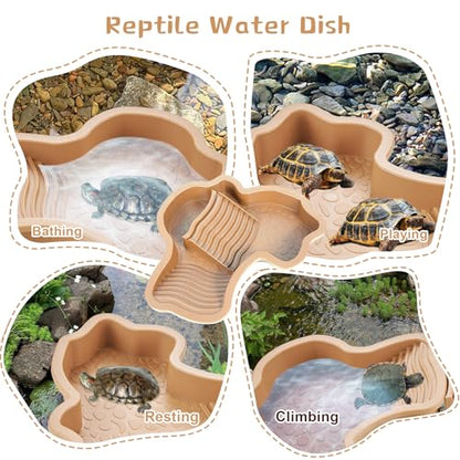 3PCS Tortoise Water Dish with Leaf Reptile Food Dish, Brownish | Anti-slip Reptile Bathing Pool with Ramp, Smooth Tortoise Water Dish Turtle Pool for Lizard Gecko Snake Frog Amphibians - color: Brownish Yellow