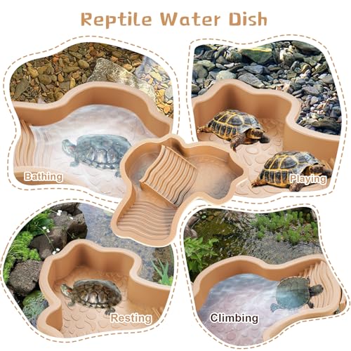 3PCS Tortoise Water Dish with Leaf Reptile Food Dish, Brownish | Anti-slip Reptile Bathing Pool with Ramp, Smooth Tortoise Water Dish Turtle Pool for Lizard Gecko Snake Frog Amphibians - color: Brownish Yellow