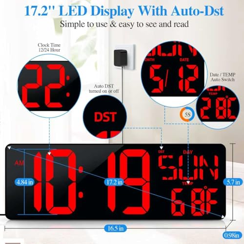 16.5 Digital Wall Clock Large Display, LED Wall Clock with Date and Temperature,Count Up/Down Timer Clock with Remote Control, Adjustable Brightness Alarm Clock for Home, Office, Gym, Elderly - color: 17''-red-remote