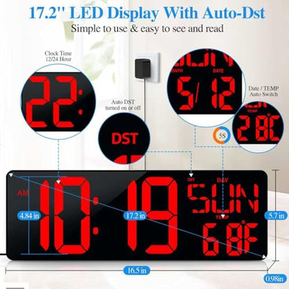16.5 Digital Wall Clock Large Display, LED Wall Clock with Date and Temperature,Count Up/Down Timer Clock with Remote Control, Adjustable Brightness Alarm Clock for Home, Office, Gym, Elderly - color: 17''-red-remote