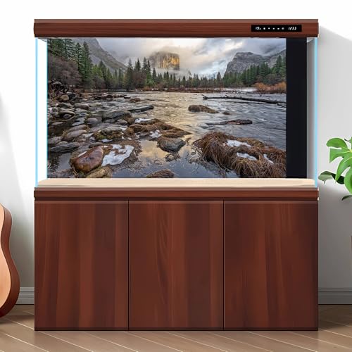 Sunset Winter Mountain Valley Aquarium Background Stormy Clouds Misty Foggy Mountains Fish Tank Background Rocks Pine Trees Wintry Stream River Reptile Tank Enclosure Backgrounds Wallpaper 24x12in - color: Foggy Grey, size: 24(W)x12(H)inches/ 60(W)*30cm(H
