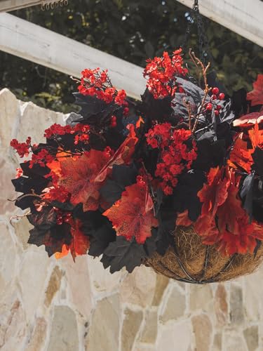 16pcs Fake Plants Outdoor, Halloween Maple Leaves Branch, Autumn Artificial Plants with Black Maple Leaves, Faux Leaves Spray for Halloween Thanksgiving Home Deocr - color: Halloween Black and Red