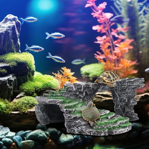 GOZILLA Basking Platform Step Ledge,Reptile Hideout Turtle Tank Accessories Decorations,Turtle Basking Platform Habitat for Turtles,Leopard Gecko and Bearded Dragon.(Black-M-Kit)