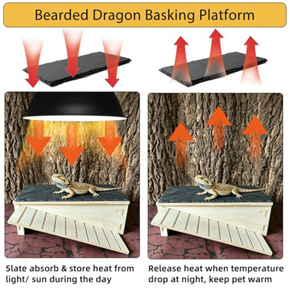 Bearded Dragon Basking Platform Gecko Hide Wood Reptile Hide Cave | Large,12.9"×7.1"×4.7",Detachable,Installation Instructions,with Slate Rock Mat,for Gecko Chameleon Snake Crested Gecko - size: Large
