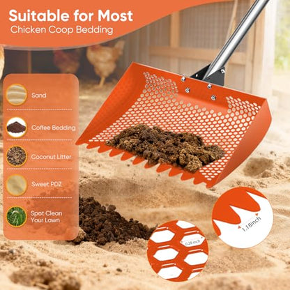 12inch Chicken Poop Scooper & Rake 2-in-1 with Adjustable Handle | Heavy Duty Metal Chicken Coop Scoop for Sand, Adjustable Angle Stainless Steel Chicken Coop Rake Sifting Shovel 37-64",Orange - color: Orange