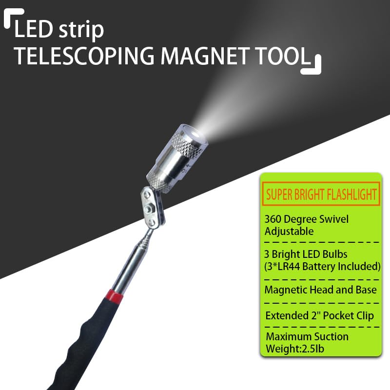 6Pcs Telescoping Magnetic Pickup Tool Set with LED Lights | 4Pcs Round and Square Inspection Mirror Telescoping, 2Pcs Magnet Stick Best Gadgets Gifts for Men - size: 6