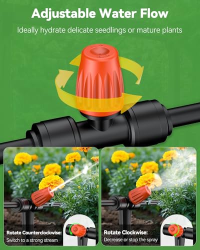 Pawfly 60 Pcs Push-to-Fit Drip Irrigation Spray Emitters with Adjustable 360 Degree Water Flow, Irrigation Drippers with End Plugs, Tee Misting Atomizing Nozzles Micro Sprayers for 1/4 Inch Tubing - size: 60pcs Three-Way Integrated Atomizing Nozzle