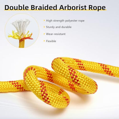 Arborist Rope, 1/2 Inch x 50 Feet Double Braided Climbing Rope Polyester for Outdoor, Climbing, Hiking, Swing, Tree Work, Halyard, Sailing（Yellow） - size: 1/2 Inch 50FT Yellow
